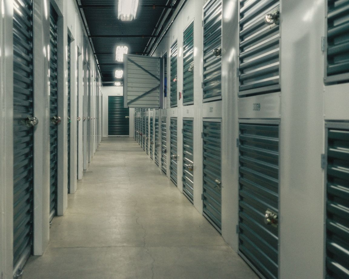 A corridor of self-storage units