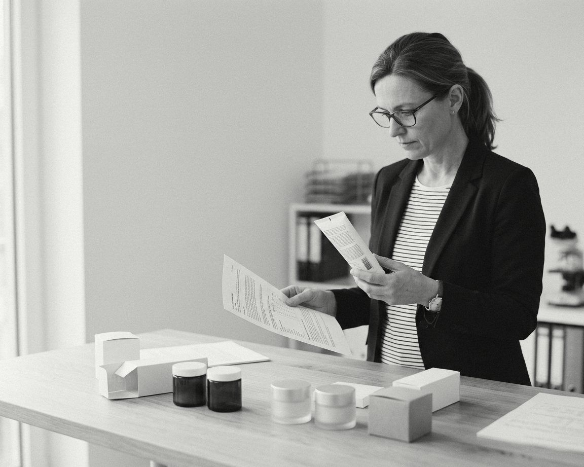 A regulatory specialist checking a cosmetic product label against documents