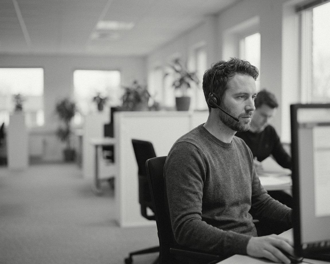A customer service advisor with a headset reading a message at her desk