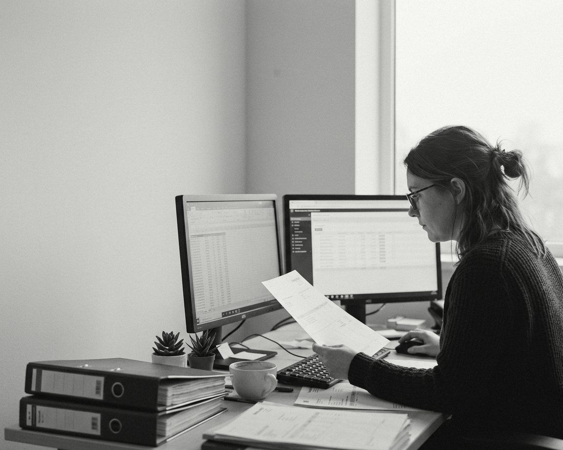 An accounts payable specialist sorting supplier invoices beside a laptop