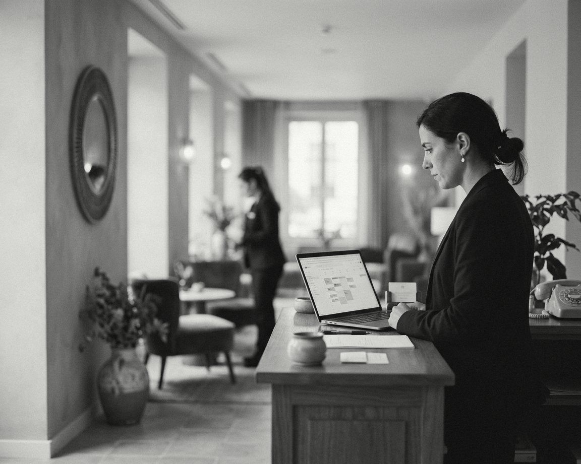 A hotel operations manager reviewing the staff rota on a tablet in the back office