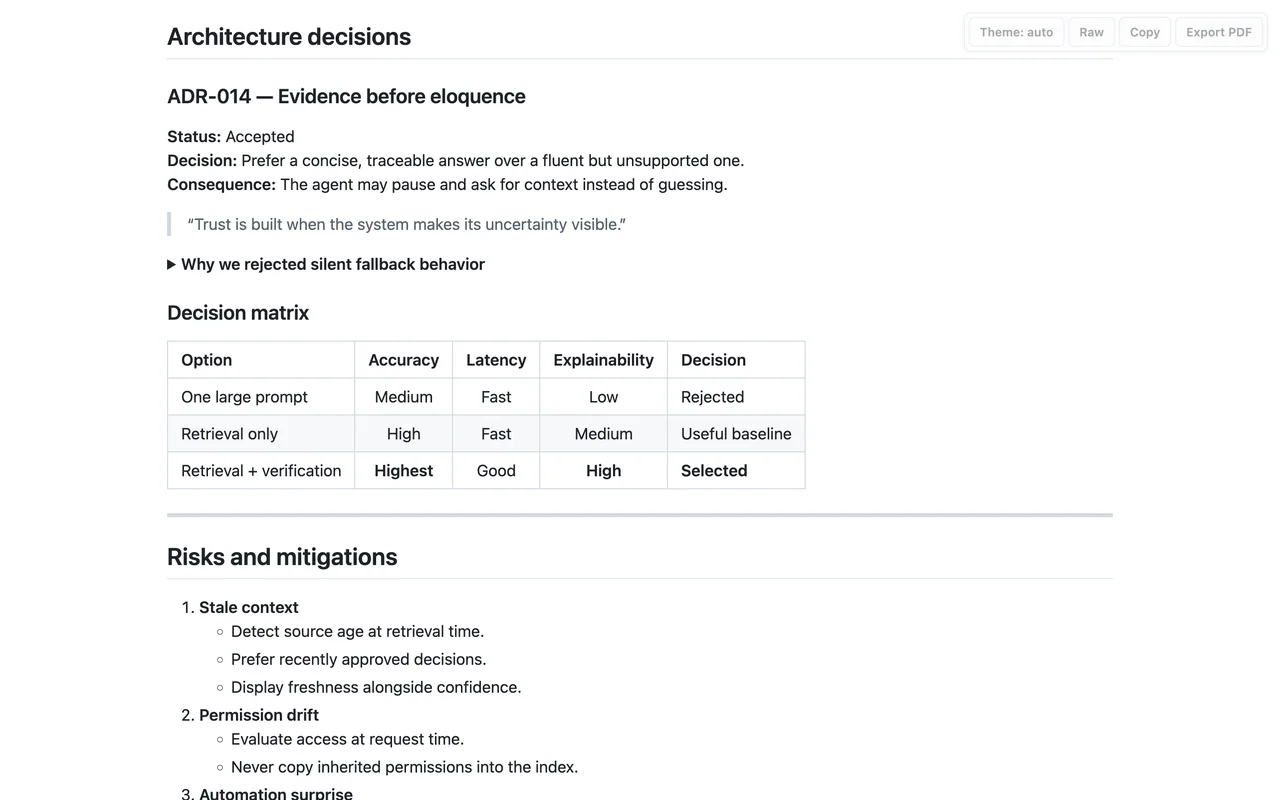 Markdown Reader showing a rendered architecture-decision document with headings, a decision matrix table, a blockquote and nested lists.